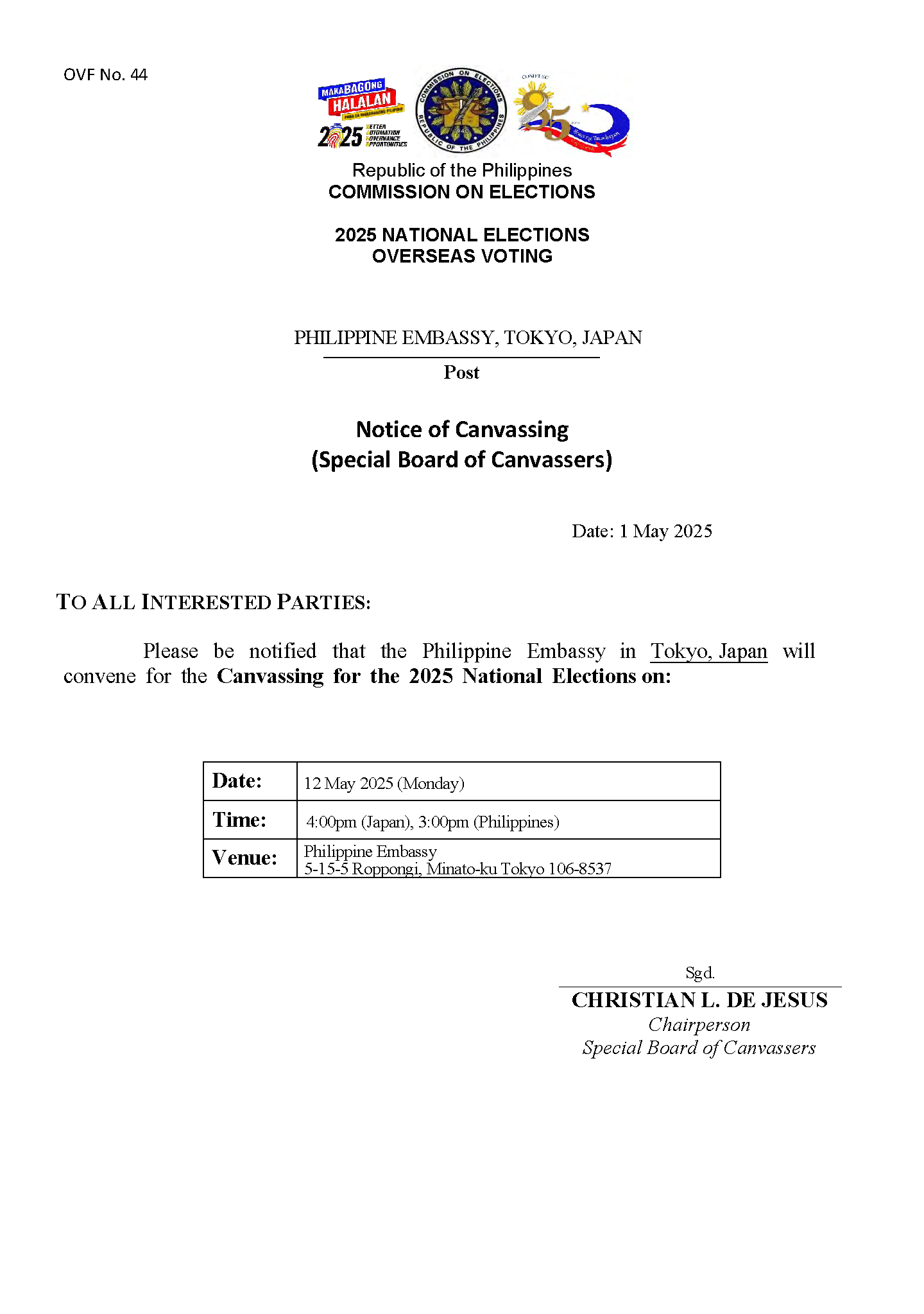 OVFNo44 NoticeOfCanvassing NE 2025